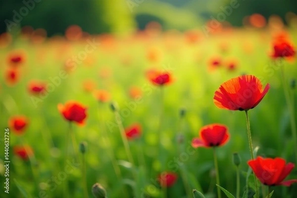 Obraz Red poppies scattered across a lush green summer meadow , colorful, wild, sunlight
