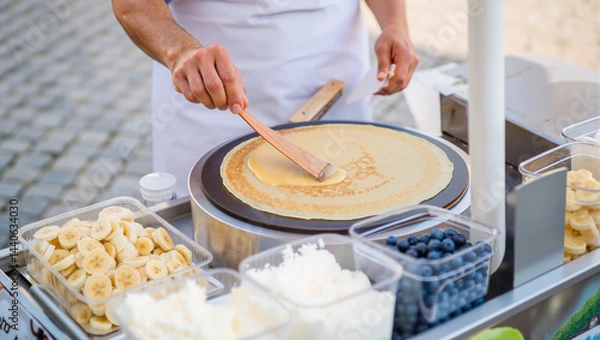 Fototapeta Chef making fresh crepe on hot griddle with banana slices, blueberries, and cream toppings at street food market stand