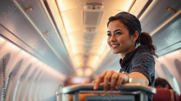 Fototapeta Smiling Flight Attendant Pushing Service Cart Inside Airplane Cabin During Flight Journey Professional Hospitality Transportation