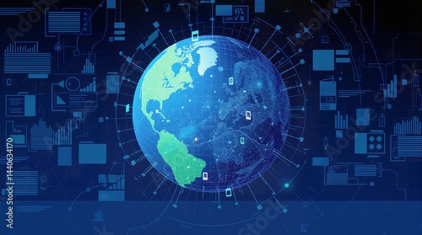 Fototapeta Global Digital Network Connection Technology Earth Visualization with Data Analytics Interface for Worldwide Communication Systems