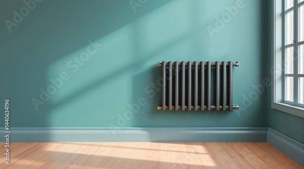 Fototapeta Vintage cast iron radiator mounted on turquoise wall in empty minimalist room with wooden floor and natural sunlight