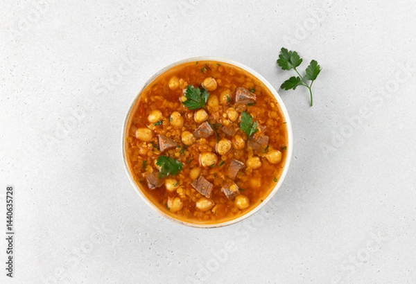 Obraz Moroccan harira soup with chickpeas, beef and spices on white background. Top view. Arabic food.
