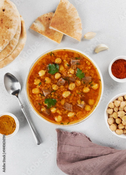 Obraz Moroccan harira soup with chickpeas, lentils, beef, spices, arabic bread on white background. Top view. Arabic cuisine.