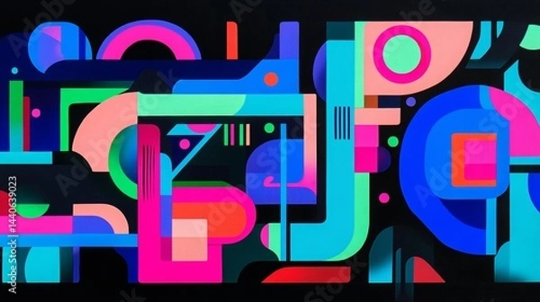 Fototapeta Abstract geometric shapes in bold neon colors of electric blue, hot pink, and vivid green, overlapping and interacting on a black background. 