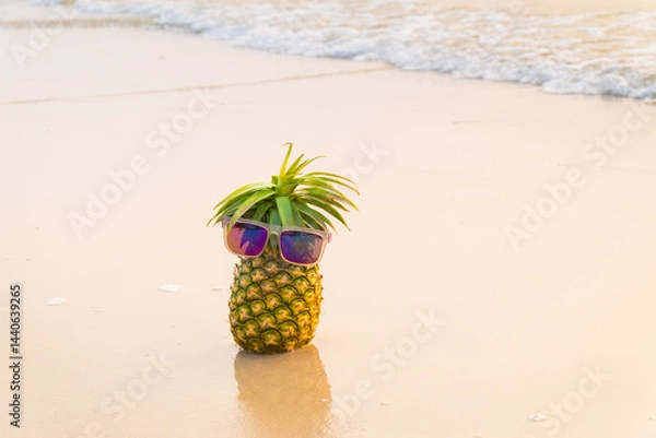 Obraz Funny pineapples in stylish sunglasses on the sand..