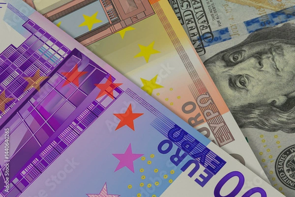 Obraz Banknotes of the single European currency EURO and the US dollar. Cash. Financial concept.