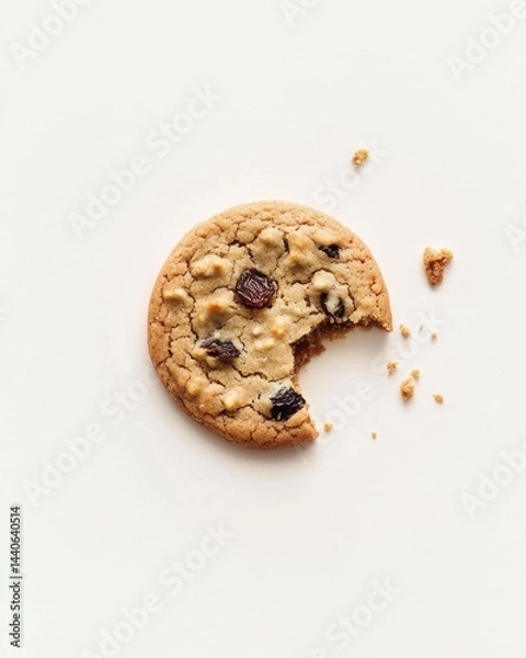 Fototapeta Bitten Chocolate Chip Cookie With Crumbs on Clean White Background for Tasty Visual Appeal