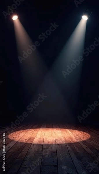 Obraz Dual spotlights illuminate a vacant stage against a pitch-black backdrop , theater art, presentation, black stage
