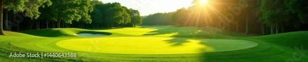 Obraz Golf course bathed in sunlight, shadows on manicured greens, trees, light, landscape