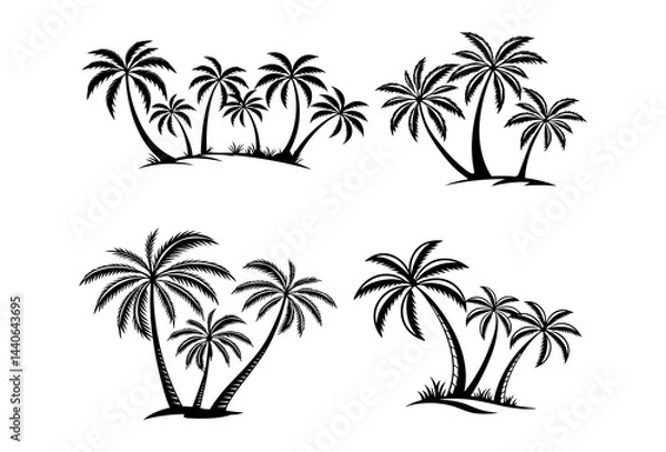 Fototapeta Silhouette illustration of four groups of palm trees on small land areas
