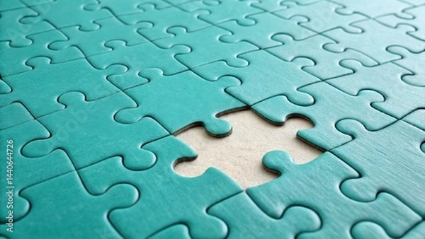 Obraz Close to completion teal jigsaw puzzle with one puzzle piece missing representing problem solving and strategy