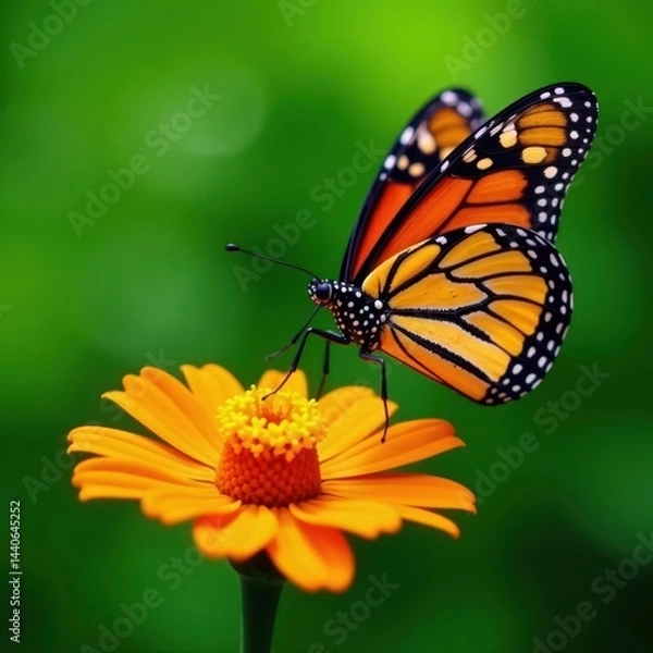 Obraz Monarch butterfly feeding on flower; green backdrop provides ample copy space , environment, butterfly photography
