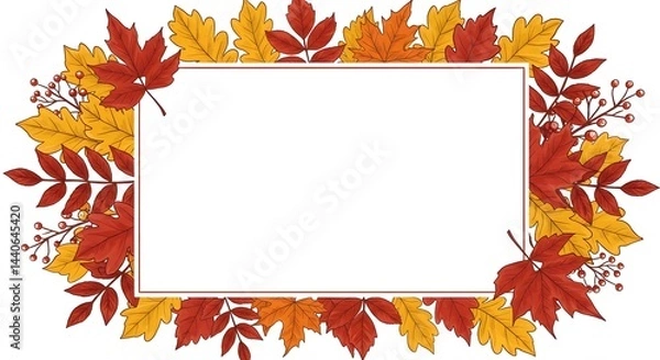 Fototapeta Autumn leaves frame. Perfect for fall designs and Thanksgiving greetings. Red and gold colors.
