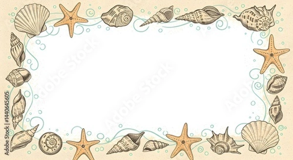 Fototapeta Seashells and starfish border. Perfect for summer designs, beach themes, or ocean-inspired projects.  A blank space is in the center for your text.