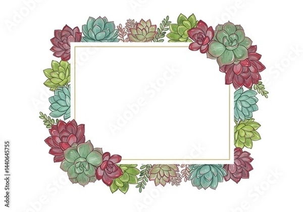 Fototapeta A charming watercolor illustration featuring succulents in shades of red, green, and purple, forming a delicate frame around a blank space, perfect for adding text or images.