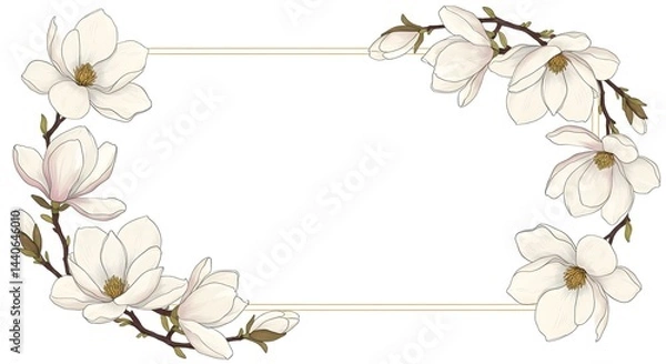 Fototapeta Elegant floral frame with delicate white magnolia blossoms. Perfect for invitations or announcements.