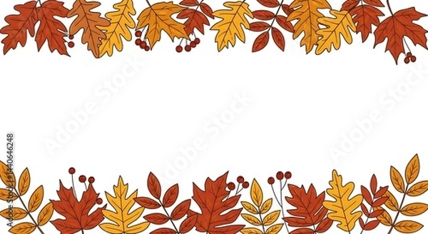 Fototapeta Autumn leaves border design with orange, red, and yellow leaves. Perfect for fall themed projects.