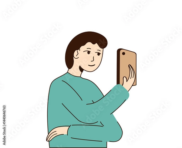 Fototapeta Young man holding the phone in his hand in front of his face and looking at smartphone. Boy looks at his phone screen. Men stands and talks on video call. Takes pictures. Vector illustration.