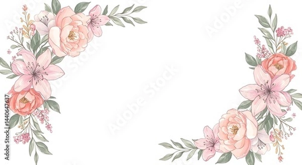 Fototapeta Delicate watercolor floral border in soft pink and peach tones, perfect for invitations or cards.  A romantic design.