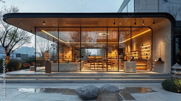 Fototapeta Contemporary retail storefront featuring extensive glass windows and minimalist interiors, illuminated by sunset with warm ambiance 
