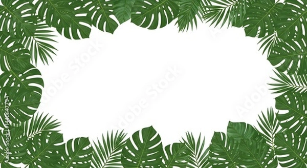 Fototapeta Lush tropical leaves create a vibrant frame, perfect for summer designs. The rich green hues and varied textures offer a refreshing aesthetic.