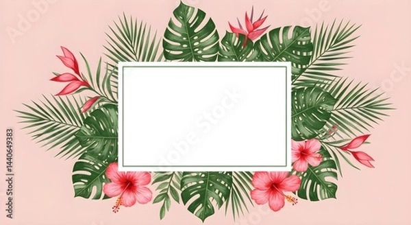 Fototapeta Pink hibiscus and tropical leaves frame a blank space, perfect for your text or image. A vibrant summer design!