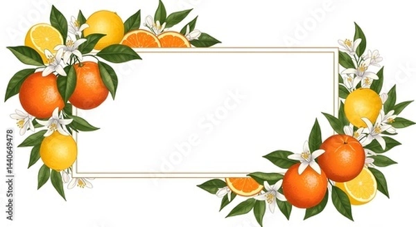 Fototapeta A vibrant illustration featuring oranges, lemons, and blossoms arranged around a rectangular frame. Perfect for adding a fresh, citrusy touch to your designs.