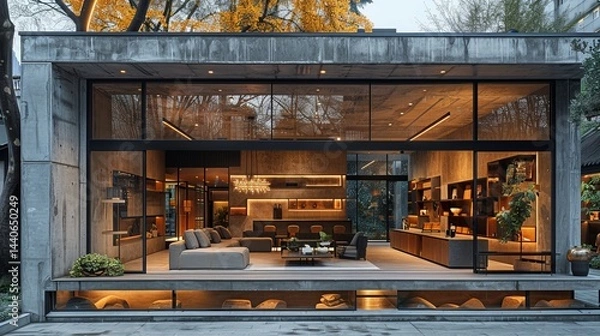 Fototapeta Contemporary retail storefront featuring extensive glass windows and minimalist interiors, framed by dark steel and concrete elements 