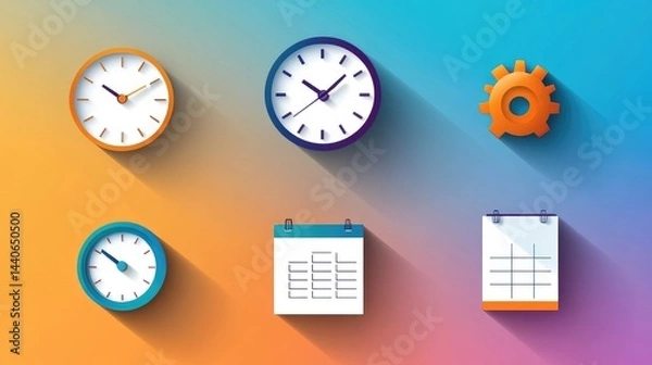 Fototapeta Flat design icons of clocks, gears, and calendars
