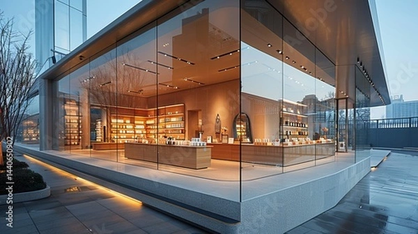 Fototapeta Contemporary retail storefront featuring extensive glass windows and minimalist interiors, reflecting city architecture in the glass 