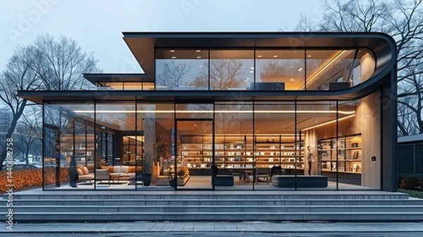 Fototapeta Contemporary retail storefront featuring extensive glass windows and minimalist interiors, set on a modern urban street 