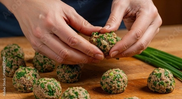 Fototapeta Preparing leberknödel with hands in a kitchen setting  