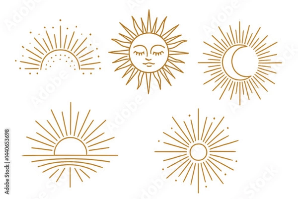 Obraz Sun and moon design collection featuring golden illustrations of celestial bodies with diverse shapes and expressions