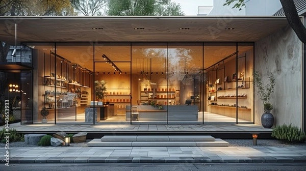 Fototapeta Contemporary shopfront with wide glass windows and a minimalist interior space, with curated displays and clean signage 