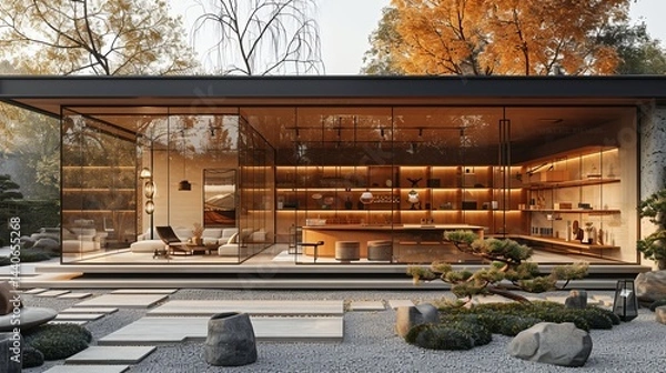 Fototapeta Contemporary shopfront with wide glass windows and a minimalist interior space, surrounded by light landscaping 