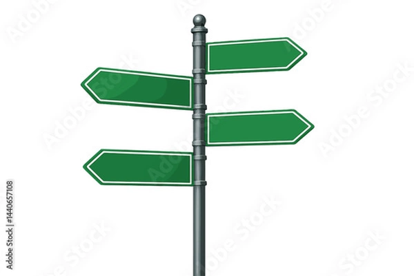 Fototapeta Directional signpost with multiple green arrows indicating various paths and destinations in a blank setting