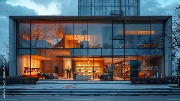 Fototapeta Contemporary shopfront with wide glass windows and a minimalist interior space, on a modern pedestrian street 