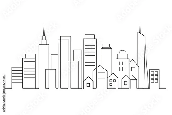 Fototapeta City skyline illustration featuring a mix of modern skyscrapers and traditional houses in a minimalist design