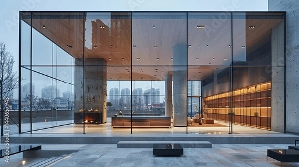 Fototapeta Contemporary shopfront with wide glass windows and a minimalist interior space, reflecting nearby buildings and sky 