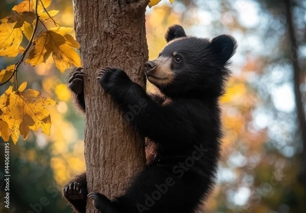 Obraz Joyful Black Bear Cub Climbing Tree Surrounded by Autumn Colors and Leaves in a Stunning Forest Setting with Warm Light and Natural Beauty