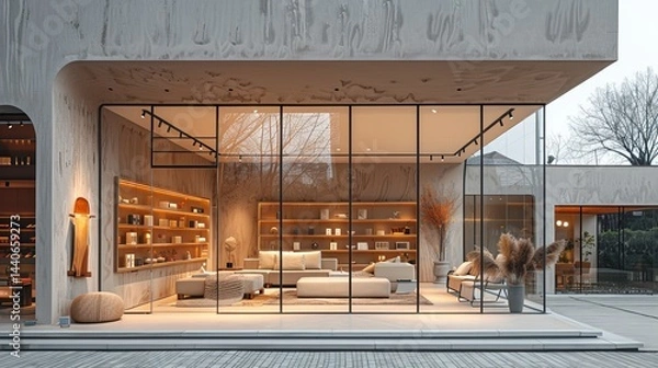 Fototapeta Contemporary shopfront with wide glass windows and a minimalist interior space, soft natural light and neutral color palette 