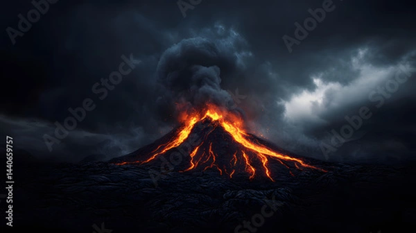 Obraz Lava streaming down a volcano with dramatic clouds and a dark sky above.