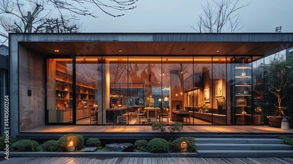 Fototapeta Contemporary shopfront with wide glass windows and a minimalist interior space, under soft ambient evening lighting 