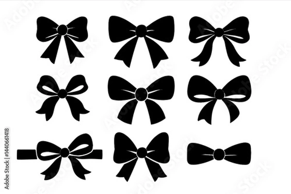 Fototapeta Different styles of black bows displayed on a white background for crafting or decoration purposes