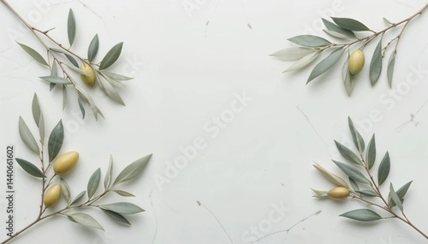 Fototapeta Minimalistic arrangement of olive branches with ripe olives on a marble background