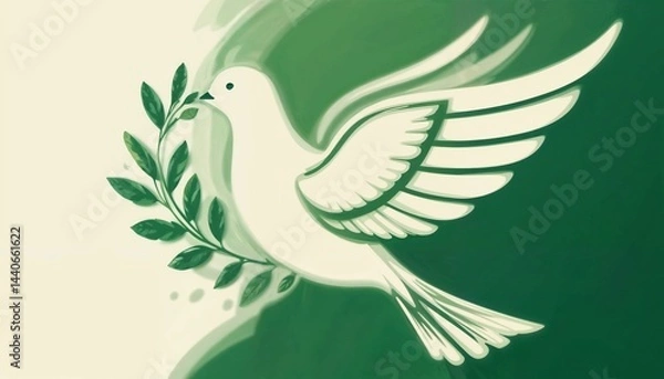 Fototapeta White dove holding an olive branch in green tones on a soft background