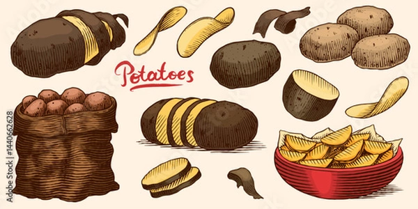 Obraz Potatoes and plant hand drawn. Collection of vegetables and chips in a dish and full sack of fresh food. Spud or pratie engraved pieces. Murphy in groups ready to eat