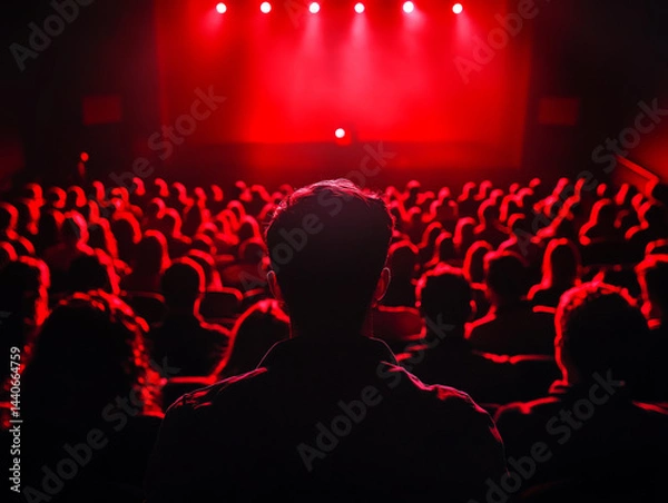 Obraz Audience watches performance in theater illuminated by red lights, creating dramatic atmosphere