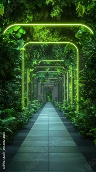 Fototapeta Lush green pathway illuminated by neon lights in a tropical forest setting during twilight