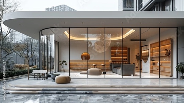 Fototapeta Contemporary shopfront with wide glass windows and a minimalist interior space, soft natural light and neutral color palette 